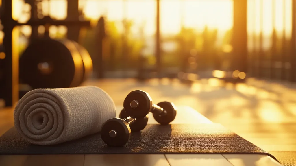 des équipements de sports posé dans une salle de sport